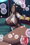  1girl absurdres arm_wrap armlet ass bandaged_arm bandages bed bed_sheet black_hair bracelet breasts cleavage curvy dark_skin fate/grand_order fate_(series) forehead_jewel green_eyes highres holding_scroll huge_breasts jewelry kowatsu_no_break large_breasts long_hair looking_at_viewer ring scheherazade_(fate/grand_order) scroll sideboob sitting thighs 
