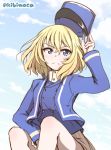  1girl bangs bc_freedom_military_uniform blonde_hair blue_eyes blue_headwear blue_jacket blue_sky blue_vest closed_mouth cloud cloudy_sky commentary day dress_shirt eyebrows_visible_through_hair frown girls_und_panzer hat hat_removed headwear_removed high_collar highres holding holding_hat jacket kibimoka long_sleeves looking_at_viewer medium_hair messy_hair military military_hat military_uniform miniskirt no_emblem oshida_(girls_und_panzer) outdoors pleated_skirt shako_cap shirt sitting skirt sky solo twitter_username uniform v-shaped_eyebrows vest white_shirt white_skirt 