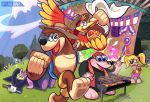  anthro avian banjo-kazooie banjo_(banjo-kazooie) barbecue beak bird bottles_(banjo-kazooie) breegull brown_fur cooking female fire food fur grilling gruntilda_winkybunion happy humanoid kazooie loulouvz magic_user mammal one_eye_closed rareware tooty ursid video_games wink witch young 