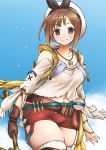  1girl atelier_(series) atelier_ryza belt bird blue_sky brown_eyes brown_gloves brown_hair closed_mouth cloud collarbone commentary_request day gloves gouta_(nagishiro6624) hair_ornament hairclip hat highres jewelry looking_at_viewer navel necklace red_shorts reisalin_stout short_hair short_shorts shorts single_glove sky solo star thighhighs thighs white_headwear 