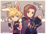  2boys animal_ears blonde_hair blue_eyes brown_hair bunny_ears bunnysuit cloud_strife company_connection crossover dragon_quest dragon_quest_xi earrings final_fantasy final_fantasy_vii gloves hero_(dq11) highres jewelry kiriya_(552260) male_focus multiple_boys spiked_hair square_enix super_smash_bros. translation_request 