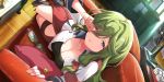  boots breasts character_request cleavage collarbone couch dutch_angle game_cg goggles goggles_removed green_hair hair_ribbon high_heel_boots high_heels highres kouya_no_kotobuki_hikoutai large_breasts long_hair long_skirt looking_at_viewer non-web_source official_art one_eye_closed open_clothes open_shirt pillow purple_eyes red_armband red_skirt ribbon rubbing_eyes side_slit skirt sleepy thigh_strap waking_up white_uniform 