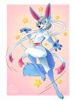  anthro anthrofied black_sclera blue_eyes blue_fur bow_tie claws dancing eeveelution fur grey_hair hair male nintendo nowandlater nude pawpads pok&eacute;mon pok&eacute;mon_(species) simple_background solo star sylveon video_games watermark white_fur 