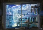  2019 artist_name blurry bowl building chopsticks city cityscape cloud commentary curtains depth_of_field graphite_(medium) highres indoors k_kanehira laundry mechanical_pencil monitor no_humans original pencil pillow scenery shirt signature sky skyscraper socks stairs table traditional_media window 