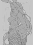  1girl adjusting_eyewear alternate_costume animal_ears ass breasts bunny_ears bunny_tail bunnysuit fate_(series) fishnet_pantyhose fishnets from_below greyscale hand_on_hip large_breasts long_hair looking_at_viewer monochrome pantyhose rider rotix solo tail wrist_cuffs 