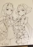  2girls armor bangs breasts commentary_request earrings eyebrows_visible_through_hair gem gloves hair_ornament headpiece highres hikari_(xenoblade_2) homura_(xenoblade_2) jewelry large_breasts long_hair madanai_(morisumeshi) monochrome multiple_girls short_hair sketch swept_bangs tiara xenoblade_(series) xenoblade_2 