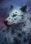  2019 ambiguous_gender black_nose bust_portrait canid canine canis day digital_media_(artwork) feral fur hi_res mammal outside portrait scar solo spots spotted_fur teal_eyes white_fur wolf wolnir 