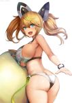  1girl :d aqua_eyes ass bangs bare_shoulders bikini blonde_hair blush breasts butt_crack commentary cowboy_shot fang gene_(pso2) green_hair grey_bikini hair_between_eyes headgear highres huge_breasts large_breasts lolicept long_hair looking_at_viewer multicolored_hair open_mouth phantasy_star phantasy_star_online phantasy_star_online_2 sidelocks simple_background smile solo streaked_hair swimsuit twintails twisted_torso two-tone_bikini white_background white_bikini 