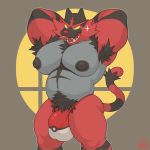  1:1 absurd_res anthro armpit_hair big_arms big_biceps big_pecs body_hair bulge chest_hair chest_tuft clothed clothing cocky felid hands_behind_head hi_res incineroar male mammal musclegut muscular muscular_male nintendo nipples one_eye_closed pecs pinup pok&eacute;ball pok&eacute;mon pok&eacute;mon_(species) pose pubes sharp_teeth skimpy smile smirk solo sparkles standing star sugaryhotdog super_smash_bros. teeth thick_thighs thong topless tuft video_games wink 