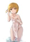  1girl :o absurdres bangs blonde_hair blunt_bangs breasts collarbone commentary covering cutlass_(girls_und_panzer) ennui_orz eyebrows_visible_through_hair girls_und_panzer hand_in_hair highres holding holding_towel leaning_forward looking_at_viewer naked_towel partially_submerged short_hair simple_background small_breasts solo standing thighs towel traditional_media wet wet_hair white_background white_towel yellow_eyes 