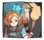  1boy 1girl blonde_hair blue_eyes bomb boxers chillarism cloak fire glowing hair_ornament hairclip holding_bomb holding_torch link low_ponytail pointy_ears princess_zelda the_legend_of_zelda the_legend_of_zelda:_breath_of_the_wild_2 torch underwear 