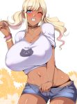  1girl bangs black_panties blonde_hair blue_eyes blush bracelet breasts choker cleavage covered_nipples cross_choker dark_skin eyebrows_visible_through_hair flower grin jewelry large_breasts long_hair looking_at_viewer megane_man midriff navel one_eye_closed original panties pink_nails shorts simple_background smile solo sweat twintails underwear white_background 