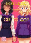  2girls andou_(girls_und_panzer) artist_name bangs bc_freedom_school_uniform black_hair black_skirt black_vest blonde_hair blue_eyes blue_sweater blush brown_eyes cardigan closed_mouth commentary_request cover cover_page cowboy_shot dark_skin doujin_cover dress_shirt english_text eyebrows_visible_through_hair girls_und_panzer half-closed_eyes holding_hands light_frown long_sleeves looking_at_viewer medium_hair messy_hair miniskirt multiple_girls necktie oshida_(girls_und_panzer) pink_background pleated_skirt rating red_neckwear sanada_jp school_uniform shirt skirt standing sweater sweater_around_neck vest white_shirt wing_collar yuri 