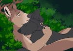  2019 anthro antlers biped black_eyebrows black_nose brown_fur brown_horn canid canine canis cervid cuddling detailed_background digital_media_(artwork) duo eyebrows eyes_closed fur green_eyes grey_fur hi_res horn hug lying male male/male mammal nude on_back on_top outside plant romantic_couple shiuk shrub sleeping url wolf 