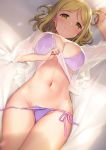  1girl bangs blonde_hair blouse blouse_lift blush breasts cleavage closed_mouth groin large_breasts lifted_by_self long_hair looking_at_viewer love_live! love_live!_sunshine!! lying mignon navel ohara_mari on_back panties purple_panties see-through sheet_grab side-tie_panties sidelocks skindentation smile solo stomach tareme thighs underwear white_blouse yellow_eyes 