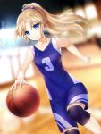  1girl basketball basketball_court basketball_jersey basketball_uniform blonde_hair blue_eyes blue_shirt blue_shorts blurry blurry_background bow collarbone commission eyebrows_visible_through_hair floating_hair gigamessy hair_between_eyes hair_bow high_ponytail jewelry knee_pads long_hair necklace original parted_lips purple_bow shirt shorts sleeveless sleeveless_shirt smile solo sportswear very_long_hair 