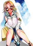  1girl alternate_breast_size alternate_costume bag blue_sky breasts brown_eyes brown_hair cup earrings gradient_sky highres iapoc jewelry jintsuu_(kantai_collection) kantai_collection large_breasts long_hair multicolored_hair shadow shirt sitting sky solo sunglasses tongue tongue_out white_shirt 