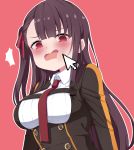  1girl @_@ absurdres bangs blush breasts collared_shirt commentary cursor eyebrows_visible_through_hair girls_frontline hayarob highres jacket large_breasts long_hair necktie open_mouth pink_background purple_hair red_eyes red_neckwear shirt simple_background solo upper_body wa2000_(girls_frontline) white_shirt 