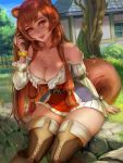  1girl animal_ears bare_shoulders boots breast_tattoo breasts brown_hair chest_tattoo cleavage daria_leonova dress eyelashes frilled_skirt frills hair_ornament hand_in_hair house large_breasts lips long_hair long_sleeves outdoors purple_eyes raccoon_ears raccoon_girl raccoon_tail raphtalia sidelocks sitting skirt smile tail tate_no_yuusha_no_nariagari tattoo thigh_boots thighhighs thighs tree 