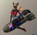  anthro bomb bourbon._(artist) breasts canid canine clothed clothing ear_piercing explosives female footwear hi_res high_heels legwear looking_at_viewer mammal piercing shoes solo thick_thighs thigh_highs wide_hips 