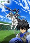  1boy black_hair blue_sky brown_hair glowing glowing_eyes green_eyes gundam gundam_00 gundam_exia hair_between_eyes headwear_removed helmet helmet_removed horse horseback_riding japan_racing_association looking_at_viewer mecha motion_blur pilot_suit riding setsuna_f_seiei short_hair sky sword weapon 