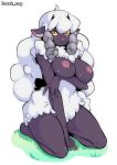  2019 anthro anthrofied arm_under_breasts blush bovid breasts caprine female hi_res horizontal_pupils horn inner_ear_fluff inverted_nipples kneeling looking_at_viewer mammal nintendo nipples pink_nose pok&eacute;mon pok&eacute;mon_(species) pok&eacute;morph simple_background solo video_games white_background wool wooloo zkelle 