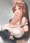  1girl bangs bare_shoulders black_gloves blush breasts brown_eyes brown_hair cleavage earrings elbow_gloves erection erection_under_clothes final_fantasy final_fantasy_vii fingerless_gloves gao_(gaolukchup) gloves half-closed_eyes hand_on_another&#039;s_cheek hand_on_another&#039;s_face hands heavy_breathing huge_breasts jewelry long_hair open_mouth saliva simple_background solo_focus strap_slip tank_top tifa_lockhart tongue tongue_out watermark web_address 