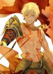  1boy abs armor blonde_hair body_markings cape ea_(fate/stay_night) earrings fate/grand_order fate/stay_night fate/zero fate_(series) gilgamesh gold_armor grin highres jewelry lips lock_earrings looking_at_viewer male_focus markings navel necklace pectorals red_cape red_eyes shirtless simple_background smile solo takashi_(huzakenna) toned weapon white_background 