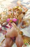  1girl banned_artist bikini blonde_hair blue_eyes blush breasts circlet cutepet forehead_jewel highres looking_at_viewer magic navel ocean pointy_ears princess_zelda smile solo super_smash_bros. swimsuit the_legend_of_zelda the_legend_of_zelda:_a_link_between_worlds triforce water 