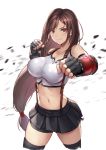  1girl bare_shoulders bike_shorts black_skirt blush breasts brown_eyes brown_hair clenched_hands collarbone cowboy_shot crossed_legs final_fantasy final_fantasy_vii final_fantasy_vii_remake fingerless_gloves gloves large_breasts long_hair low-tied_long_hair maekawa_yuichi navel pleated_skirt shorts shorts_under_skirt simple_background skirt smile solo stomach suspender_skirt suspenders tank_top thighhighs tifa_lockhart undershirt white_background 