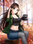  1girl adjusting_hair autumn autumn_leaves bangs belt belt_buckle black_tank_top blue_pants boots breasts brown_hair buckle camera cleavage closed_mouth coat collarbone commission day floating_hair forest gigamessy green_coat green_eyes grey_belt grey_footwear holding holding_camera leaf long_hair medium_breasts midriff nature navel open_clothes open_coat original outdoors pants sitting smile solo stomach swept_bangs thigh_boots thighhighs very_long_hair 