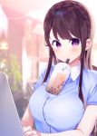  1girl bangs blue_shirt blurry blurry_background blush braid breasts brown_hair bubble_tea chikuwa. collared_shirt commentary computer cup depth_of_field disposable_cup dress_shirt drinking_straw eyebrows_visible_through_hair highres indoors laptop long_hair looking_at_viewer medium_breasts original parted_lips purple_eyes shirt shorts solo tawawa_challenge upper_body very_long_hair 