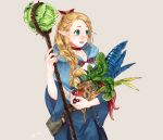  1girl belt blonde_hair blue_dress book bow braid cabbage choker dress dungeon_meshi food fruit grapes green_eyes hair_bow highres holding holding_food holding_staff hood hood_down long_hair mandrake marcille peppers red_bow red_choker simple_background solo staff standing wide_sleeves 