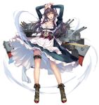  1girl ;d ammunition_belt apron arms_up azur_lane bangs blue_eyes blush boots breasts brown_footwear cannon cleavage curacao_(azur_lane) dress frills full_body jewelry juliet_sleeves large_breasts long_hair long_sleeves maid maid_headdress moneti_(daifuku) necklace official_art one_eye_closed open_mouth partially_unbuttoned puffy_sleeves purple_hair remodel_(azur_lane) rigging rudder_footwear sidelocks smile solo thigh_strap transparent_background turret watermark wind wind_lift 
