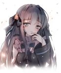  1girl absurdres arcaea bangs black_bow black_hair black_shirt black_sleeves blue_eyes blurry blurry_background blush bow commentary cropped_torso crying crying_with_eyes_open depth_of_field detached_sleeves eyebrows_visible_through_hair fingernails grey_nails hair_between_eyes hair_bow hand_up highres long_hair long_sleeves looking_at_viewer nail_polish parted_lips shirt simple_background sleeveless sleeveless_shirt solo striped striped_bow symbol_commentary tairitsu_(arcaea) tandohark tears upper_body white_background wide_sleeves 