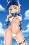  1girl ahoge artoria_pendragon_(all) baseball_cap bikini blonde_hair blue_eyes blue_headwear blue_sky breasts cleavage cloud commentary_request fate/grand_order fate_(series) from_below hair_between_eyes hair_through_headwear hat highres large_breasts long_hair looking_at_viewer mysterious_heroine_xx_(foreigner) navel outdoors panties ponytail shrug_(clothing) side-tie_bikini sky solo swimsuit thigh_strap to_kinji underwear water white_bikini 