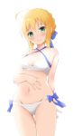  1girl absurdres ahoge artoria_pendragon_(all) artoria_pendragon_(swimsuit_archer) ass_visible_through_thighs bare_arms bare_shoulders bikini blonde_hair blue_ribbon blush breasts cleavage commentary_request cowboy_shot criss-cross_halter fate/grand_order fate_(series) green_eyes groin hair_ribbon halterneck highres kimura_matsuri looking_at_viewer medium_breasts navel ribbon short_hair side-tie_bikini sidelocks simple_background smile solo standing stomach swimsuit thigh_gap white_background white_bikini 