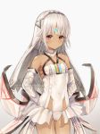  1girl absurdres altera_(fate) arms_behind_back bangs bare_shoulders blunt_bangs blush closed_mouth covered_navel cowboy_shot dark_skin detached_sleeves fate/extella fate/extra fate_(series) flat_chest forehead_protector grey_background grey_choker highres hokori_sakuni leotard long_sleeves looking_at_viewer red_eyes showgirl_skirt silver_hair simple_background solo thigh_gap veil white_leotard younger 