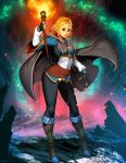  1girl artist_name black_gloves blonde_hair boots braid cloak embers fingerless_gloves fire genzoman gloves glowing green_eyes looking_at_viewer parted_lips pointy_ears princess_zelda rock short_hair solo standing the_legend_of_zelda the_legend_of_zelda:_breath_of_the_wild the_legend_of_zelda:_breath_of_the_wild_2 torch triforce 