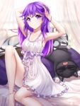  1girl anklet armpits barefoot bed blurry blurry_background breasts canopy_bed cat cleavage collarbone commission curtains dress eyebrows_visible_through_hair frilled_dress frills gigamessy hair_between_eyes hands_on_head jewelry lingerie long_hair looking_at_viewer negligee original parted_lips purple_eyes purple_hair purple_pillow ribbon short_dress sitting sleeveless sleeveless_dress small_breasts solo transparent underwear white_dress white_ribbon 