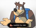  anthro backpack banjo-kazooie banjo_(banjo-kazooie) blue_eyes claws close-up english_text fur guess_i&#039;ll_die hi_res humor jewelry looking_at_viewer male mammal meme necklace potoobrigham rareware reaction_image sharp_claws shrug solo text ursid video_games 
