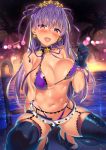  1girl :d bangs bare_shoulders bb_(fate)_(all) bb_(fate/extra_ccc) bb_(swimsuit_mooncancer)_(fate) belt bikini bikini_tug black_gloves black_legwear blue_background blush breasts cleavage collarbone earrings evening eyebrows_visible_through_hair fate/grand_order fate_(series) gloves hair_ribbon hairband highres jewelry kawai large_breasts long_hair looking_at_viewer navel open_mouth palm_tree poolside purple_bikini purple_eyes purple_hair purple_nails ribbon sandals sidelocks skindentation smile solo squatting star star_earrings swimsuit tan thighhighs tree very_long_hair white_belt 