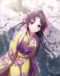  1girl black_hair blush cherry_blossom_print closed_mouth day floating_hair hair_ornament high_ponytail highres japanese_clothes kamiya_kaoru kimono leaning_forward lens_flare long_hair looking_at_viewer obi outdoors print_kimono purple_eyes rurouni_kenshin sash shindou_mui smile solo sparkle standing very_long_hair yellow_kimono yukata 