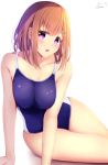 1girl amane_1906 bare_arms bare_legs bare_shoulders blush breasts collarbone commentary_request eyebrows_visible_through_hair hair_ornament hairclip highres large_breasts looking_at_viewer medium_hair open_mouth original purple_eyes signature simple_background sitting solo swimsuit thighs white_background 
