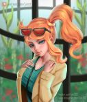  1girl aqua_eyes bag blush breasts coat eyewear_on_head hair_ornament handbag jinxel_world long_hair long_sleeves looking_at_viewer nail_polish orange_hair pokemon pokemon_(game) pokemon_swsh side_ponytail smile solo sonia_(pokemon) sunglasses trench_coat 