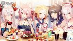  5girls :d ;) ^_^ ahoge animal_ear_fluff animal_ears ariake_(azur_lane) azur_lane bangs bare_shoulders bell black_hair blonde_hair blush breasts bunny_ears cat_ears closed_eyes collarbone cup eating eyebrows_visible_through_hair fang fangs feeding food hair_between_eyes hair_ornament hair_ribbon hair_rings hairband hatsushimo_(azur_lane) highres holding holding_cup holding_food japanese_clothes jingle_bell laffey_(azur_lane) long_hair looking_at_viewer manjuu_(azur_lane) multiple_girls off-shoulder_shirt off_shoulder official_art one_eye_closed open_mouth pink_hair pinky_out pizza pointing red_eyes ribbon shirako_sei shirt short_hair silver_hair sitting small_breasts smile twintails two_side_up vampire_(azur_lane) yellow_eyes yuugure_(azur_lane) 