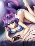  1girl animal_ears barefoot bed_sheet bra cat_ears cat_tail collarbone diadem eyebrows_visible_through_hair gigamessy green_eyes hair_between_eyes handheld_game_console holding looking_at_viewer lying panties parted_lips playstation_portable purple_hair shiny shiny_hair short_hair soles solo striped striped_bra striped_panties tail underwear underwear_only 