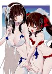  2girls :d :o ^_^ bangs bare_arms bare_shoulders bikini blue_sky blush breasts brown_eyes brown_hair cleavage closed_eyes cloud commentary_request day eyebrows_visible_through_hair flower girls_frontline groin hair_between_eyes hair_flower hair_ornament hairband large_breasts leaning_forward long_hair mimelond multiple_girls navel open_mouth outstretched_arm parted_lips qbz-95_(girls_frontline) qbz-97_(girls_frontline) red_bikini side-tie_bikini sky smile swimsuit thighhighs twintails very_long_hair white_bikini white_flower white_hairband white_legwear 