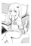  1girl arm_support bangs bed blush bow closed_mouth clothes_writing collarbone commentary_request copyright_name cushion drawing_tablet eromanga_sensei eyebrows_visible_through_hair feet_out_of_frame greyscale hair_between_eyes hair_bow highres holding holding_hair indoors izumi_sagiri kento0131 long_hair looking_at_viewer monochrome off_shoulder shirt short_sleeves sidelocks solo translated very_long_hair wooden_floor 