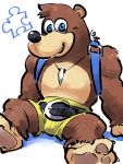  3:4 41raco anthro banjo-kazooie banjo_(banjo-kazooie) belt blue_eyes bottomwear clothed clothing hi_res jewelry male mammal muscular necklace pawpads puzzle_piece rareware shorts sitting smile topless ursid video_games 